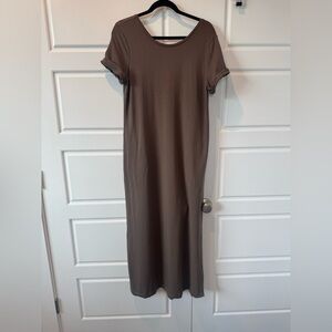 Pure Jill Pima Cotton Brown Maxi Dress Side Slits Short Sleeve Womens Size Small